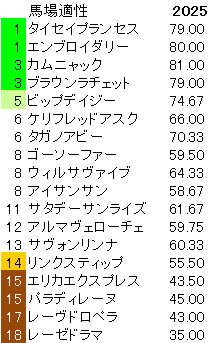 2025　オークス　馬場適性指数